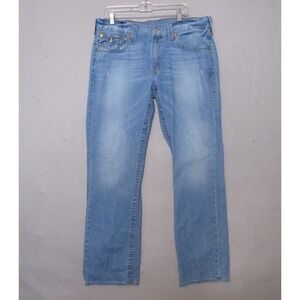 True Religion Jeans Men 36 Straight Leg Flap Pockets Logo Distressed Light Wash‎